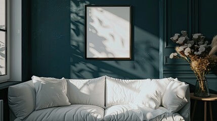 Living room with dark blue walls, white sofa, empty photo frame on the wall, in front of it is a vase with dried flowers, sunlight shines through the window on part of the wall.