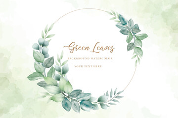 Watercolor green leaves wreath with gold circle