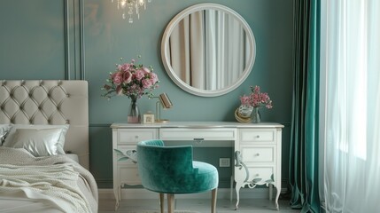 modern small bedroom, round mirror above white dressing table with flowers and books, pastel green velvet bench against wall, gray curtains, cozy interior design in neutral colors