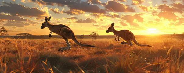 A several kangaroo hopping in the wild land with sunrise in the background , animal theme.