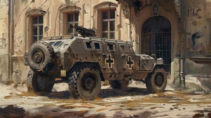Obraz premium A tan armored car with emblems parked in front of an old building, rough brush strokes, beige color palette.