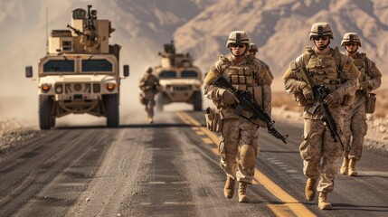 A group of soldiers in tactical gear walks down the road with weapons at the ready, followed by military equipment. Desert landscape.