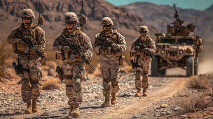 A group of soldiers in tactical gear walks down the road with weapons at the ready, followed by military equipment. Desert landscape.