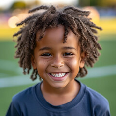 Smiling cute little african american girl with two pony tails looking at camera, ai technology - obrazy, fototapety, plakaty