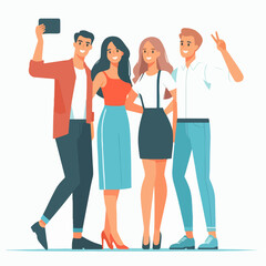 Obraz premium cartoon of young people capturing the moment with selfie photo using smartphone in flat design style