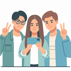 cartoon capturing the moment with a selfie photo using a smartphone with friends in a flat design style