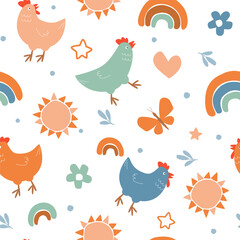 Seamless pattern with cute chickens, rainbows, suns, flowers, butterflies. Summer abstract baby print. Vector graphics.
