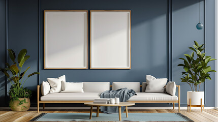 Stylish modern living room interior featuring a wooden frame poster mockup, cozy sofa, plants, and elegant decor elements.