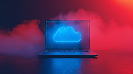illustration of laptop with cloud on screen - red and blue colors - computing concept