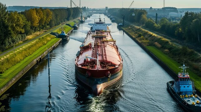 Large LNG tanker navigating through a canal with tugboat assistance