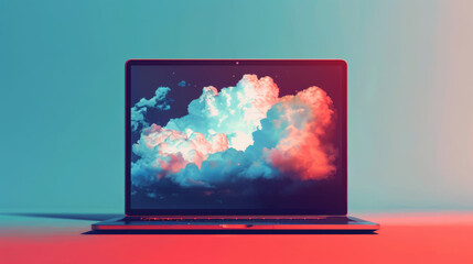 illustration of laptop with cloud on screen - red and blue colors - computing concept