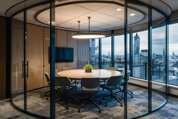 Stylish office meeting room with round table and invisible door