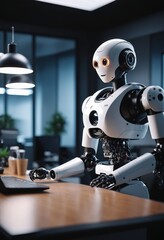 A robotic figure with headphones in a dimly lit room