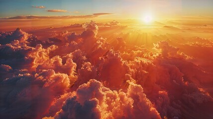 Sunset above the clouds, Fiery dawn sun above clouds
 - obrazy, fototapety, plakaty