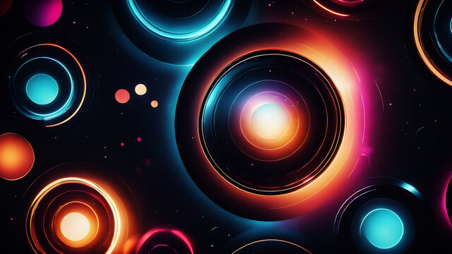 Generate a circle abstract background with overlapping circles, each filled with vibrant gradients blending into one another