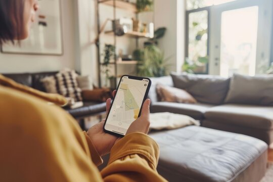 Person using a mobile app for delivery tracking in a cozy home setting