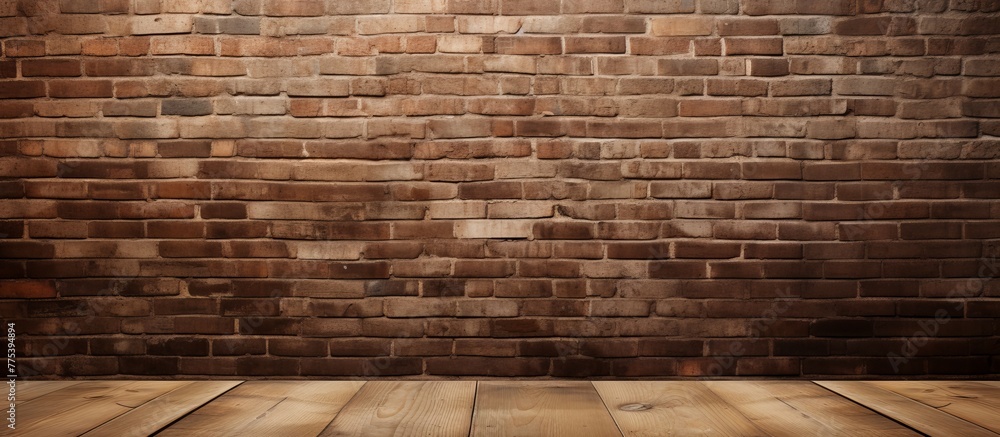 Wall mural Rustic wooden floor contrasting with a textured brick wall in the background, creating an industrial and cozy ambiance