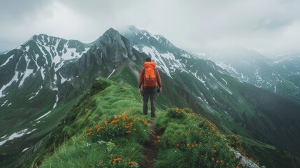 A tourist stands on the top of an alpine mountain surrounded by wildflowers and snow-capped peaks. The sky is overcast with rain clouds, adding to the dramatic atmosphere.