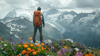 A tourist stands on the top of an alpine mountain surrounded by wildflowers and snow-capped peaks. The sky is overcast with rain clouds, adding to the dramatic atmosphere. - Powered by Adobe