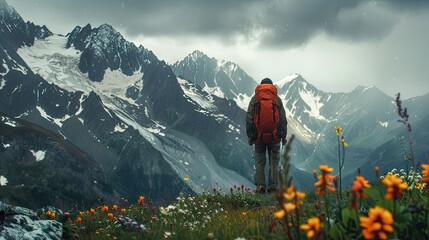 A tourist stands on the top of an alpine mountain surrounded by wildflowers and snow-capped peaks. The sky is overcast with rain clouds, adding to the dramatic atmosphere. - obrazy, fototapety, plakaty