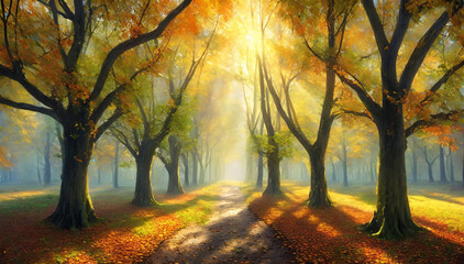Jesień, aleja drzew. Jesienny krajobraz - obrazy, fototapety, plakaty
