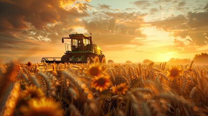Modern combine harvester working in a field at sunset. The car is captured from behind and has a green body with yellow details. In front of him stands an ear of wheat, under the sunlight