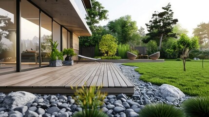 Wooden terrace with modern garden, green grass and pebbles near the house in spring. The garden is designed in a modern landscaping style with green grass and pebbles. - obrazy, fototapety, plakaty