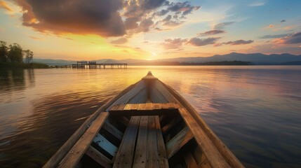 An old wooden boat moored at the end of an endless pier, sunset colors, beautiful view of the lake, calm atmosphere. - obrazy, fototapety, plakaty