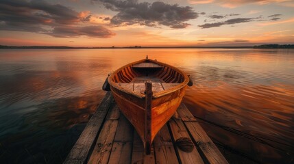 An old wooden boat moored at the end of an endless pier, sunset colors, beautiful view of the lake, calm atmosphere.