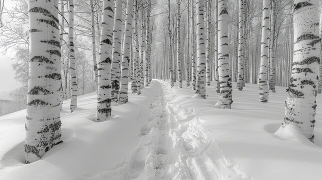   Black-and-white picture of a snowy forest with a snow-covered path leading through a grove of trees on the ground