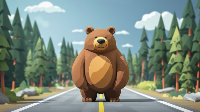 A cartoon bear standing on a road in the middle of trees, AI