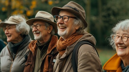 A group of elderly people wearing hats and glasses standing next to each other, AI