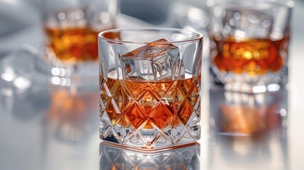 Three highball glasses of amber liquid over ice cubes on a table