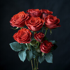 Bouquet of red roses on black background, generative ai