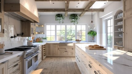 Obraz na płótnie Canvas A bright and airy farmhouse kitchen with white marble backsplash, oak cabinets, natural wood beams in the ceiling, an island bar in the center of it all and soft lighting.