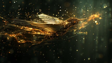 A bird flying through the air with sparks and glitter, AI