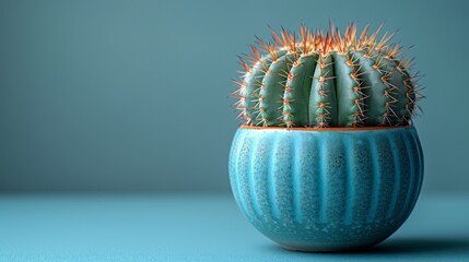   A detailed shot of a compact cactus nestled in a cerulean vase resting atop a pastel-colored table against an azure backdrop
