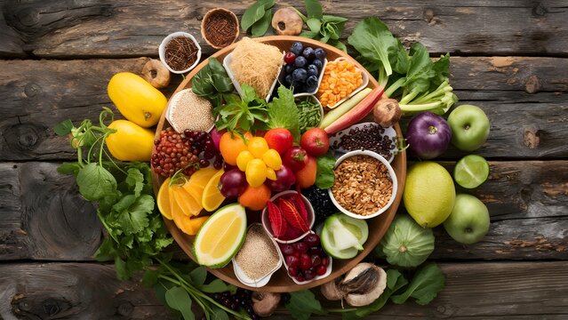 Healthy food with organic fruit, vegetables, grains and high fibre foods on a rustic wooden table