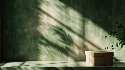 A brown kraft paper gift box on a table with dried flowers and green plants next to it, positioned in front of an emerald wall casting soft shadows from the natural light
