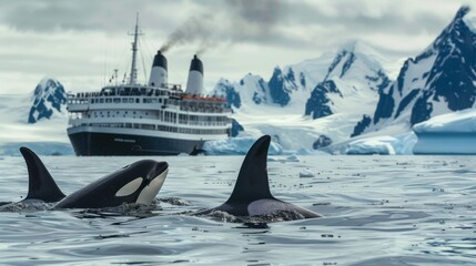 Majestic orca pod swimming near a cruise ship in the Antarctic