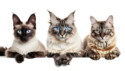 Three cats of different breeds on a white background