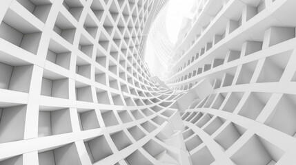 White tech background, with a geometric 3D structure. Clean, minimal design with simple futuristic forms. 3D render