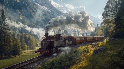 A steam locomotive speeds through lush green mountains, smoke pours from its chimney, and trees line both sides of the tracks. The scene shows a picturesque landscape.