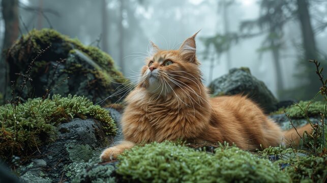   A detailed photo of a cat resting on lush grass amidst tall trees in a forest setting