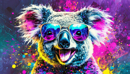 Vibrant pop art style portrait of a koala bear wearing sunglasses with mouth open and paint...
