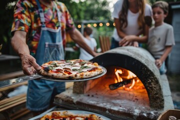 Family gathering around an outdoor pizza oven during a summer evening