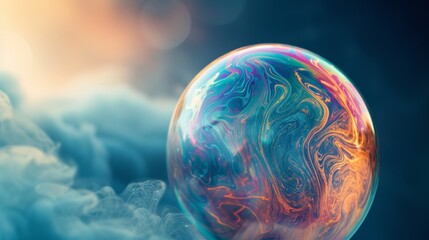 A close up of a bubble with colorful swirls on it, AI - obrazy, fototapety, plakaty