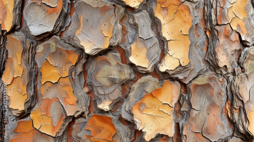 Poster a close up of a tree trunk with different colors on it, ai