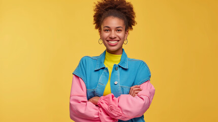 Mulher sorrindo de braços cruzados vestindo azul e rosa no fundo amarelo