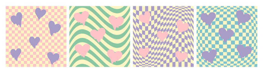 Groovy checkered patterns in pastel colors with hearts shape, vintage aesthetic backgrounds, psychedelic checkerboard texture. Funky hippie fashion textile print, vector pattern set.